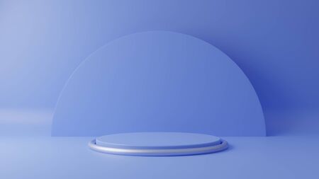 Blue pastel product stand on background. Abstract minimal geometry concept. Studio podium platform theme. Exhibition and business marketing presentation stage. 3D illustration rendering graphic designの写真素材