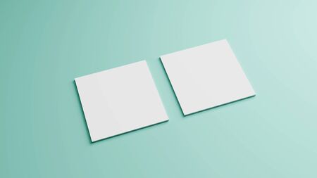 White square shape business card mockup stacking on green mint pastel color table background. Branding presentation template print. 2.5 x 2.5 inch paper size cover. 3D illustration renderingの写真素材