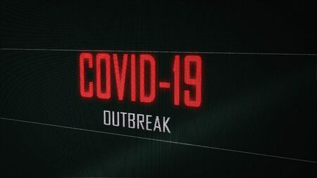 Closeup red Coronavirus Covid-19 outbreak warning flicker text on computer pixelated green screen display background. Healthcare and medical concept. Health influenza. 3D illustration renderingの写真素材