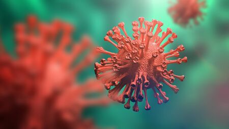 Super closeup Coronavirus COVID-19 in human lung body green background. Science microbiology concept. Red Corona virus outbreak epidemic. Medical health virology infection research. 3D illustrationの写真素材