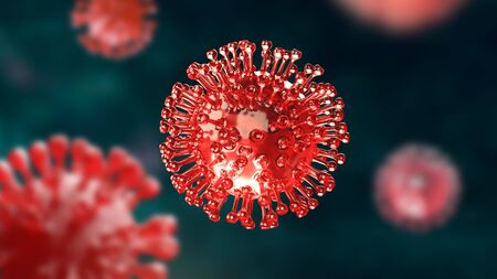 Super closeup Coronavirus COVID-19 in human lung body green background. Science microbiology...