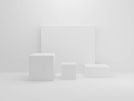 White rectangle block in small room background.  Abstract Interior architecture mockup concept. Minimalism theme. Studio podium platform. Exhibition and business presentation stage. 3D illustrationの写真素材