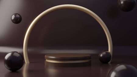 Dark chocolate color product pedestal stand on background. Abstract minimal geometry concept. Studio podium platform theme. Exhibition and business marketing presenta stage. 3D illustration renderingの写真素材