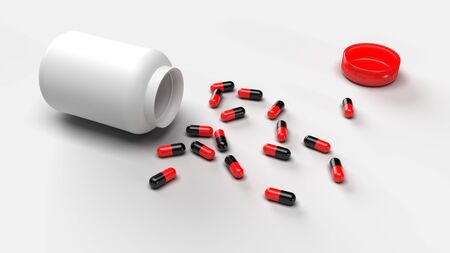 Group of Pills Medicine spill from bottle on white background. Medical research and pharmacy concept. Drug addiction. Health care prescription treatment. Supple food vitamin. 3D illustration renderの写真素材