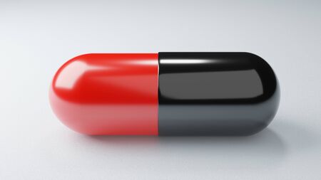 Closeup antiretroviral drugs capsule on white background. Medicine and Vaccine concept. Medical science healthcare. Antibiotic immunity researching. Red Black color. 3D illustration renderの写真素材