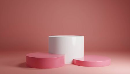 White pink pastel product stand on background. Abstract minimal geometry concept. Studio podium platform theme. Exhibition business marketing presentation stage. 3D illustration render graphic designの写真素材