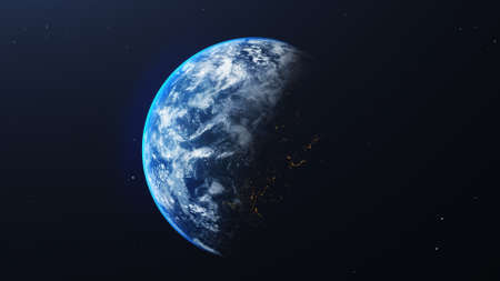 Earth in space view with shining sunrise in universe and galaxy background. Nature  and World...