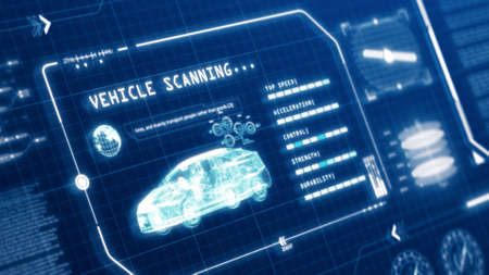 HUD driving car speed user interface computer screen display with pixels background. Blue abstract digital transformation hologram holographic technology concept. Sci-fi. 3D illustration renderingの写真素材