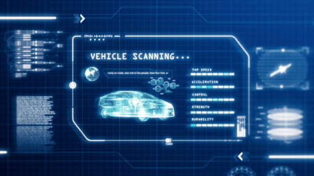 HUD driving car speed user interface computer screen display with pixels background. Blue abstract...