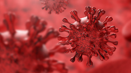 Super closeup Coronavirus COVID-19 in human lung body background. Science and micro biology concept. Red Corona virus outbreak epidemic. Medical health and virology infection. 3D illustration renderの写真素材