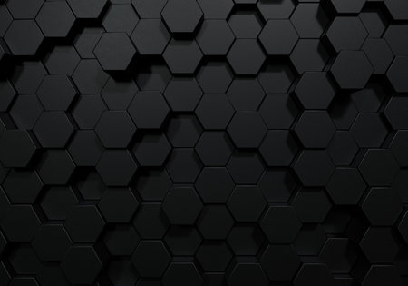 Black hexagon honeycomb shapes matte surface moving up down randomly. Abstract modern design background concept. 3D illustration rendering graphic designの写真素材