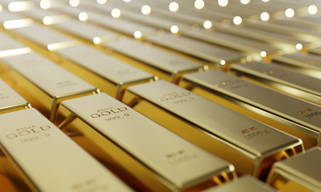 Shiny pure gold bars in a row background. Wealth and economic concept. Business gold future investment and money saving theme. 3D illustration rendering graphic designの写真素材