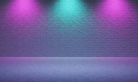 Bright empty room made from brick with violet and blue color spotlight background. Cyberpunk style...