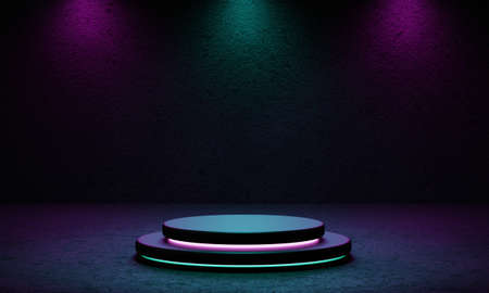 Cyberpunk product podium platform studio with blue and violet spotlight and grunge style textured background. Retro stage and Futuristics scene concept. 3D illustration rendering graphicの写真素材