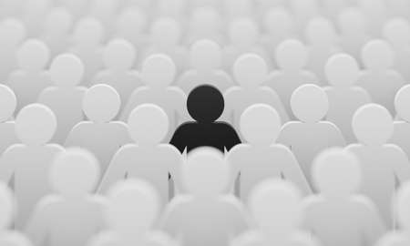 Black color figurine among crowd white people background. Social lifestyle and business competition and strange person concept. Human character symbol theme. 3D illustration rendering.の写真素材