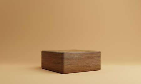 One brown wooden rectangle cube product stage podium on orange background. Minimal fashion theme....