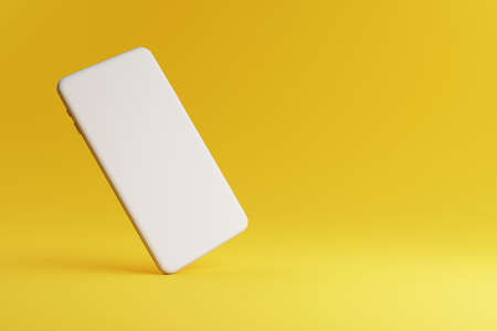 Mobile phone mockup with white blank screen on yellow background with copy space. Technology and...
