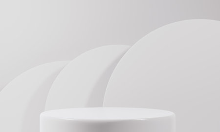 White product stand on white background. Abstract minimal geometry concept. Studio podium platform theme. Exhibition and business marketing presentation stage. 3D illustration rendering graphic designの写真素材