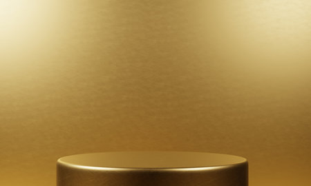 Gold product stand on golden background. Abstract minimal geometry concept. Studio podium platform theme. Exhibition and business marketing presentation stage. 3D illustration rendering graphic designの写真素材