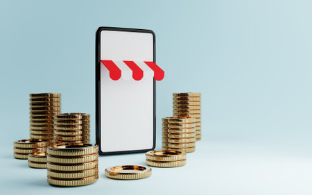 Smart phone with white black sceen background and pile of gold money coin on blue background....