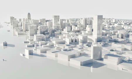 Skyscraper and metropolis city in monochrome. Architecture and Business city plan concept. Low polygon cityscape scene. Blueprint for mega project theme. Copy space. 3D illustration renderingの写真素材