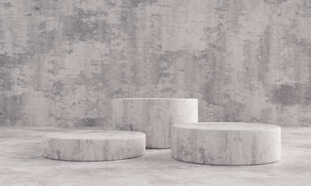 Black and white stone pattern triple product stage podium for presentation mockup template. Showroom and abstract interior concept. Geometry exhibition stage mockup concept. 3D illustration renderingの写真素材