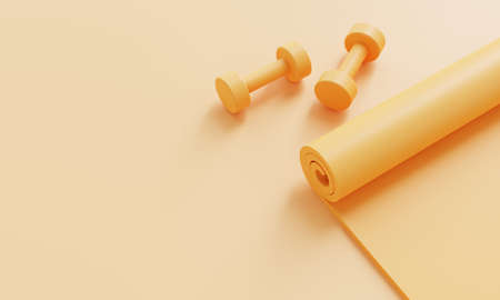 Sport fitness accessories set with yoga mat and dumbbell on pastel yellow background. Fitness and sport object concept. Monocolor. 3D illustration renderingの写真素材