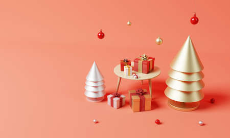 Christmas set decoration and ornament with golden and silver Xmas tree and snowflake on red background. Holiday festival and minimalism object concept. 3D illustration renderingの写真素材