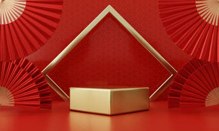 Chinese New Year red modern style one podium product showcase with golden ring frame Japanese style pattern background. Happy holiday traditional festival concept. 3D illustration renderingの写真素材