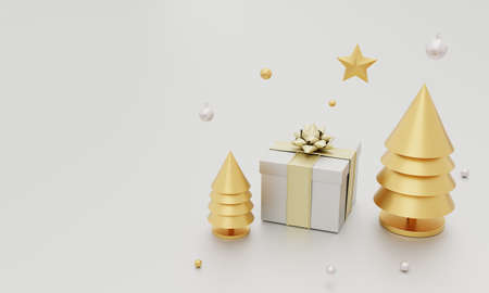 Christmas set decoration and ornament with Xmas tree golden star gift box and snowflake on silver gray background. Holiday and object concept. 3D illustration renderingの写真素材
