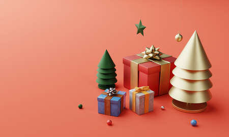 Christmas set decoration and ornament with golden Xmas tree colorful gift box and snowflake on red background. Holiday festival and minimalism object concept. 3D illustration renderingの写真素材
