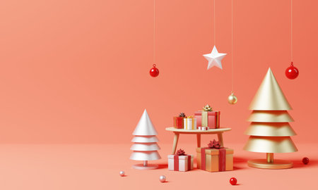 Christmas set decoration and ornament with golden and silver Xmas tree and snowflake on red background. Holiday festival and minimalism object concept. 3D illustration renderingの写真素材