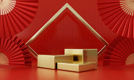 Chinese New Year red modern style three podium product showcase with golden ring frame Japanese style pattern background. Happy holiday traditional festival concept. 3D illustration renderingの写真素材