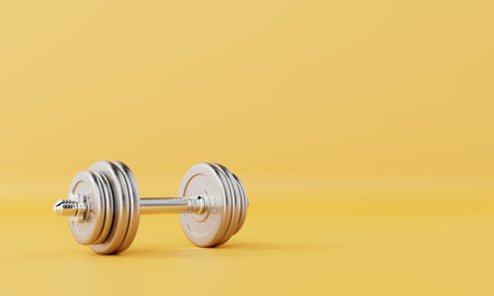 One dumbbell on isolated yellow background. Fitness accessories and sports object concept. 3D illustration renderingの写真素材