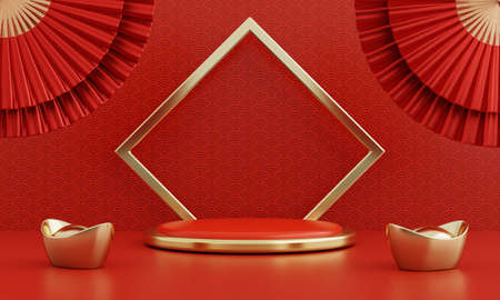 Chinese New Year red modern style one podium product showcase with golden ring frame and China pattern background. Happy holiday traditional festival concept. 3D illustration rendering graphic designの写真素材