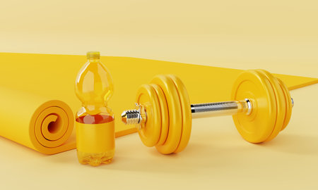 Sport fitness set with yoga mat drinking water bottle and dumbbell on pastel yellow background. Fitness and sport concept. Monocolor. 3D illustration renderingの写真素材