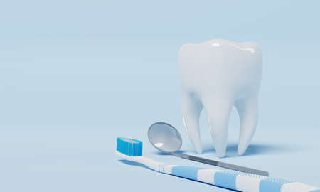 Tooth with dental inspection mirror and toothbrush on blue background. Dental and Health care concept. 3D illustration renderingの写真素材