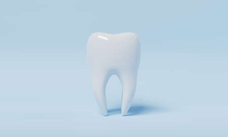 Tooth on blue background with copy space. Dental and Health care concept. 3D illustration renderingの写真素材