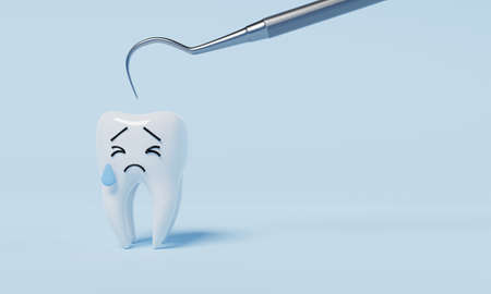 Tooth afraid of dental inspection hooks for yearly oral health check cause of tooth decay on blue background. Health care and medical concept. 3D illustration renderingの写真素材