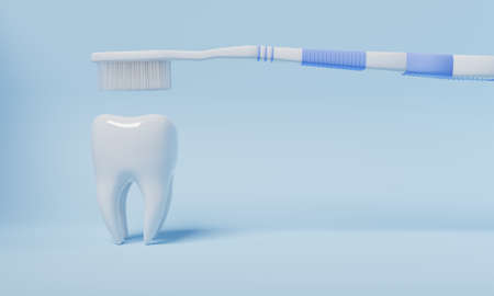Tooth brushing by toothbrush on blue background. Health care and medical concept. 3D illustration renderingの写真素材