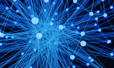 Abstract blue light bulb futuristic technology network node. Cable data line transmission links and communication structure concept. Neurons of brain and electron theme element. 3D illustration.の写真素材