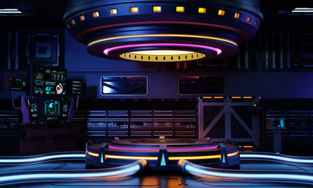 Cyberpunk sci-fi product podium showcase in spaceship with yellow blue purple and pink background. Technology and object concept. 3D illustration renderingの写真素材