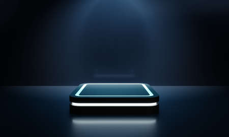 Modern product showcase sci-fi podium with blue green glowing light neon background. Technology and object concept. 3D illustration renderingの写真素材