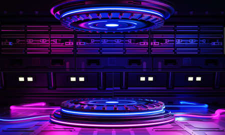 Cyberpunk sci-fi product podium showcase in spaceship base with blue and pink background. Technology and object concept. 3D illustration renderingの写真素材