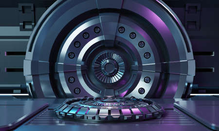 Sci-fi product podium showcase inside spaceship with security metal gate background. Technology and object concept. 3D illustration renderingの写真素材