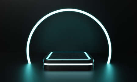 Modern product showcase sci-fi podium with blue-green and white glowing light neon background. Technology and object concept. 3D illustration renderingの写真素材