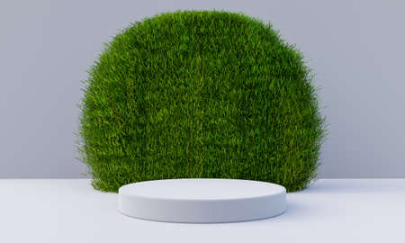 White podium with grassy circular board background. Object and Nature concept. 3D illustration renderingの写真素材