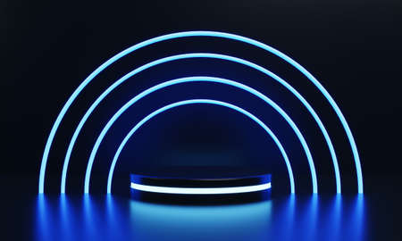 Modern round product showcase sci-fi podium with blue glowing light neon ring frame background. Technology and object concept. 3D illustration renderingの写真素材