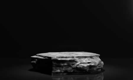 Minimal black and white rock podium and stage for product or cosmetics advertising with background. Object and abstract concept. 3D illustration renderingの写真素材
