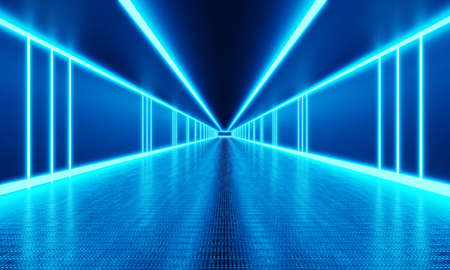 Empty room with infinity walkway and blue neon light background. Abstract and technology concept. 3D illustration renderingの写真素材